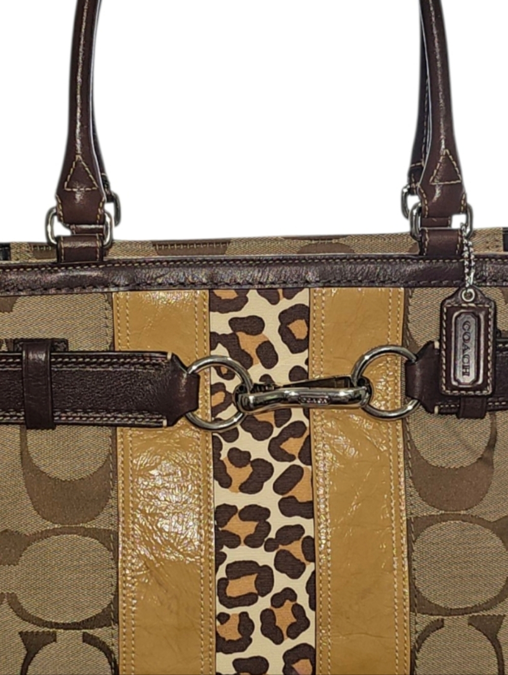 Coach Hamptons Signature Stripe Leopard Satchel | Brown Canvas Leather Horsebit - Picture 6 of 10